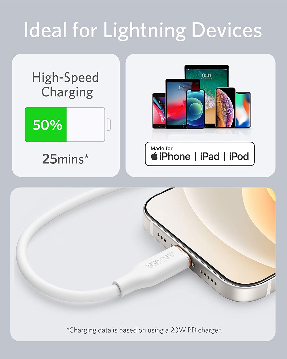 Anker <b>641</b> USB-C to Lightning Cable (Flow, 3 ft Silicone)